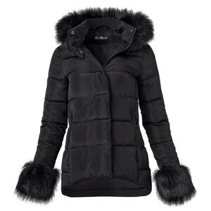 VENUS Black Puffer Winter Outdoor Faux Fur Trim Jacket - L